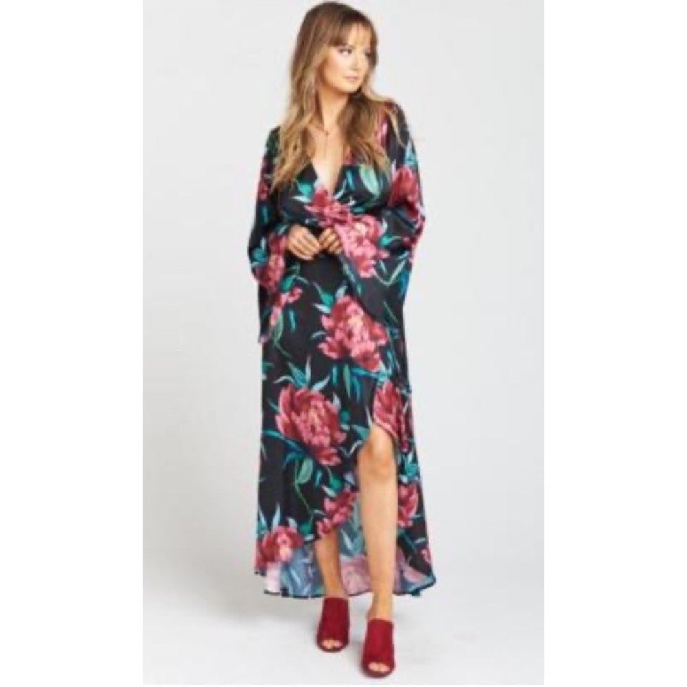 SHOW me your MUMU Black Floral Boho Print Anita Wrap Maxi Dress Kaftan M = 6/8
